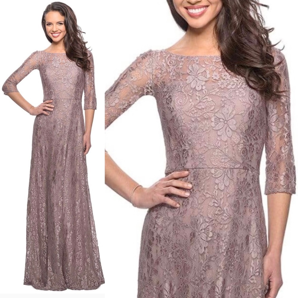 La Femme  Lace Quarter
Length Sleeve Bateau A-line
Dress size 6 Formal Gown - Picture 11 of 15